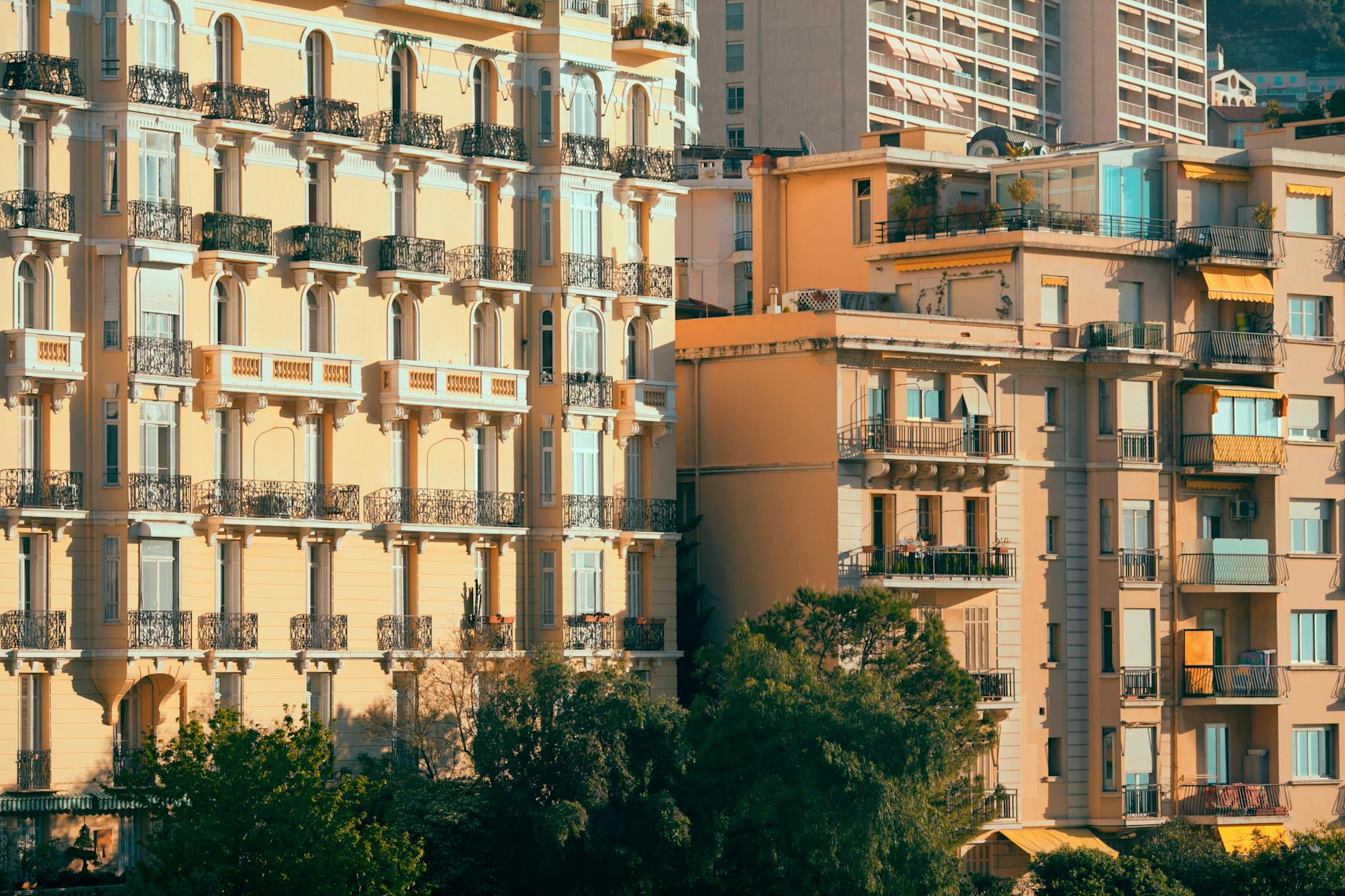 Exterior of contemporary residential houses with balconies located near lush green trees in sunny day