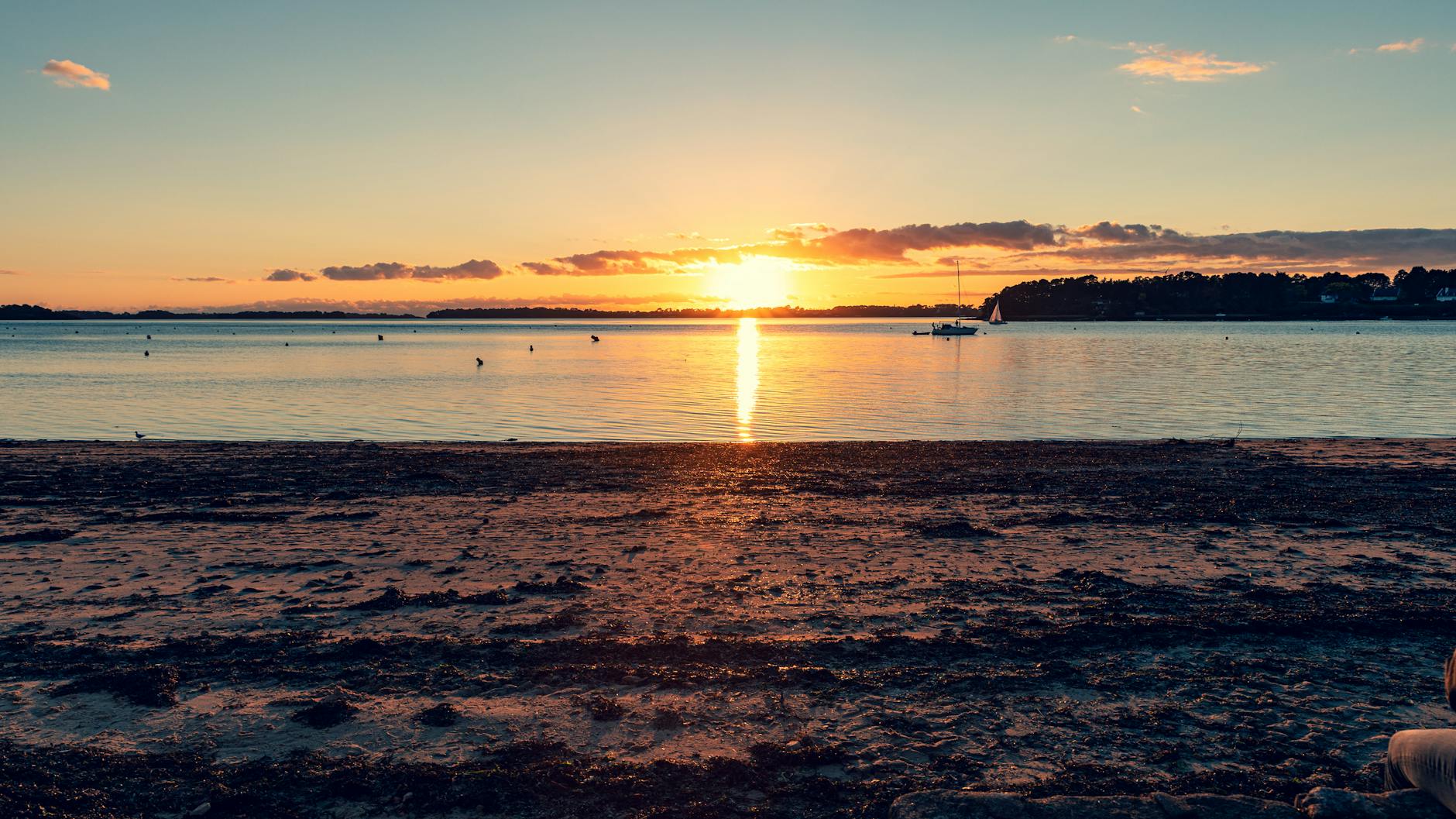 Serene sunset over Île-aux-Moines in Bretagne, France, capturing tranquil coastal beauty.